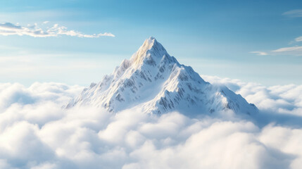 Naklejka premium Majestic snow capped mountain rises high above fluffy clouds, creating breathtaking view. serene atmosphere evokes sense of peace and wonder in nature beauty