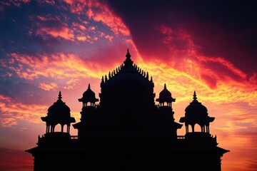 Sunset at a Hindu temple complex with golden hues over the architecture.