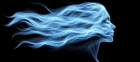 Flowing Energy Abstract Portrait of a Woman with Glowing Blue Hair on a Black Backdrop