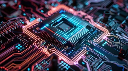 Obraz premium Intricate cyberpunk inspired circuit board with glowing microchips processors and electronic components against a dark abstract background Representation of advanced technology innovation