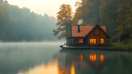 Fototapeta premium Cozy lakeside cabin at dawn, illuminated windows, misty water, autumn foliage.