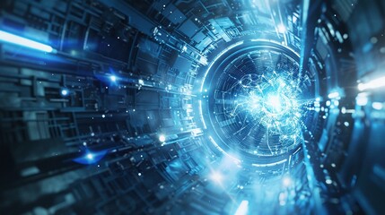 Fototapeta premium A dynamic and visually striking scene depicting a futuristic technological tunnel filled with accelerating digital energy luminous particle convergence and a sense of quantum and innovation