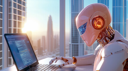 A robot programmer focuses on coding in a contemporary office filled with glass windows, revealing a stunning skyline at sunset, showcasing innovation and technology