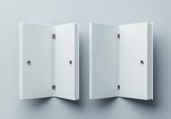 Two blank white books open, showcasing inner pages and hinges against a light grey background.