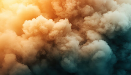 Fototapeta premium Cinematic photo realism of colorful smoke clouds in orange and teal hues, creating dramatic and atmospheric effect