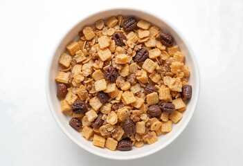 Close-up of a bowl filled with assorted cereal and nuts on a white background.