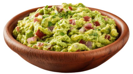 Delicious homemade guacamole with tomatoes and onions in wooden bowl on transparent background