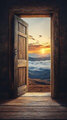 Wooden door opening to sunrise mountain vista