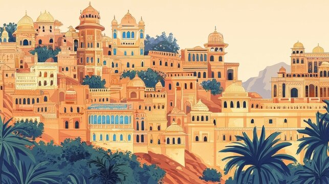 Cultural elements of Rajasthan, including Kachhi Ghodi folk dance, highlighted in art.