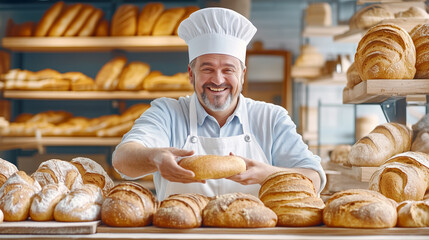A joyful baker stands in a well-lit bakery, showcasing a loaf of bread. Shelves filled with various types of baked goods surround him, creating a welcoming atmosphere