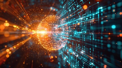 Fototapeta premium Vibrant futuristic digital particle burst illuminating dynamic energy network Glowing luminous and dazzling abstract technology backdrop with kinetic chromatic and scintillating visual effects