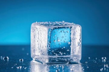 A single ice cube melts on a blue surface