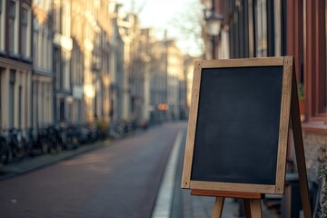 Blank chalkboard sign on a city street.