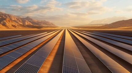 Fototapeta premium Vast Solar Panel Array Against Beautiful Mountain Landscape at Sunset