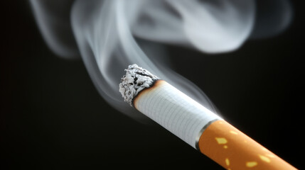 Close up of burning cigarette with smoke swirling gracefully in air, highlighting ash and glowing tip. image evokes sense of contemplation and reflection