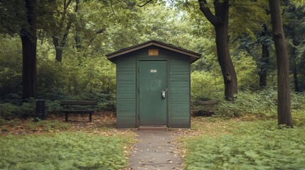 A small green cabin is in a forest