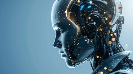 Fototapeta premium Futuristic AI powered digital head portrait with glowing interface and conceptual design Visionary abstract 3D render showcasing the future of intelligence and machine learning technology