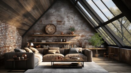 Rustic Loft Living Room with Skylights