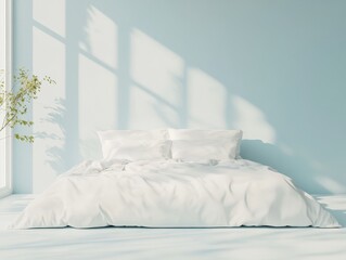 Sunlit minimalist bedroom with white bedding and pale blue walls.