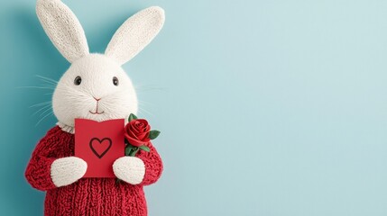 Obraz premium Valentine emotion eternity. A cute, knitted rabbit holding a red book with a heart and a rose, set against a soft blue background, perfect for Valentine's Day.