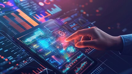 Futuristic digital dashboard with interactive touch screen display data analytics financial charts and market information  Representing modern technology innovation and business strategy