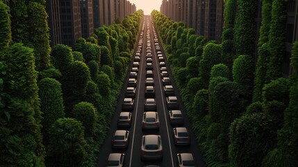Urban Jungle with Cars Surrounded by Lush Greenery at Sunset