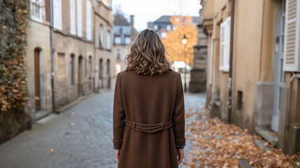 Naklejka premium Cinematic moment of a stylish woman moving through historic streets