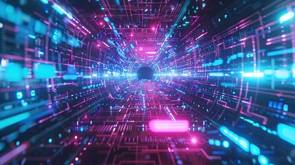 Futuristic digital tunnel passage glowing with vibrant neon lights and prismatic geometric patterns creating a surreal hypnotic and immersive sci fi experience  This abstract