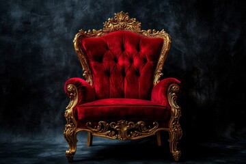 A red velvet throne chair with a golden frame stands against a dark background, illuminated by dramatic lighting. 