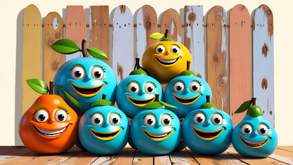 Obraz premium A whimsical array of pears, each with a cheerful, painted-on face, sits on a wooden crate , The pears come in a variety of colors, including blue, yellow, and orange , The wooden background