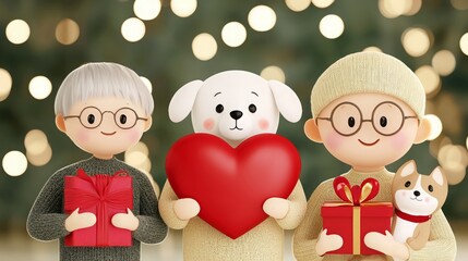 Valentine emotion eternity. A festive scene featuring two adorable characters holding gifts, accompanied by a dog with a heart, perfect for celebrating love and joy during the holidays.