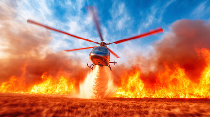 A helicopter sprays water to combat a massive wildfire engulfing a forest. Flames reach high into the sky, creating a dramatic backdrop during the evening hours