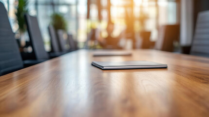 close up shot of wooden desk in modern office meeting room, featuring blurred backgrounds of people engaged in discussion. warm sunlight creates welcoming atmosphere