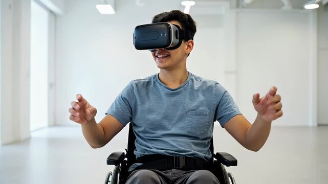 Young Caucasian boy sitting in a wheelchair wearing virtual reality goggles enjoying an immersive game