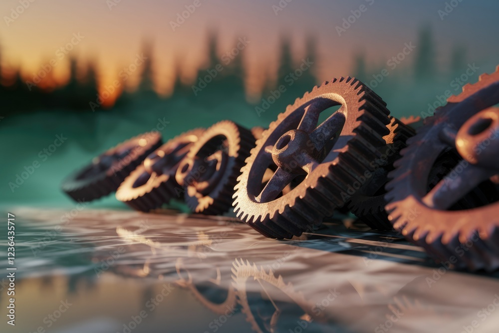 Poster rustic metallic gears lie on a reflective surface, bathed in sunset's warm glow.