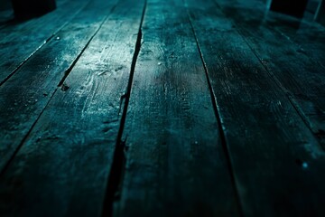 Obraz premium Dark green background with a wooden floor, dark blue lighting, low-angle shot, close-up, hyper-realistic.