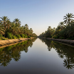 Obraz premium Serene Oasis with Date Palms and Qanats