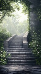 Obraz premium ' Stone stairway in forest leads toward a foggy clearing; ideal for fantasy backgrounds.