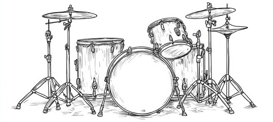 Hand-Drawn Illustration of a Complete Drum Set, Capturing the Essence of Musical Energy and Rhythm