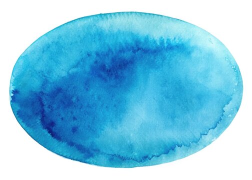 Abstract blue oval: a hand-drawn watercolor stain, minimalist background design.
