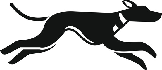 Greyhound dog running fast wearing a collar, simple black silhouette