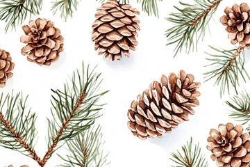 A painting of pine trees with brown cones scattered throughout the scene. The mood of the painting is serene and peaceful, with the pine trees and cones creating a sense of calmness and tranquility