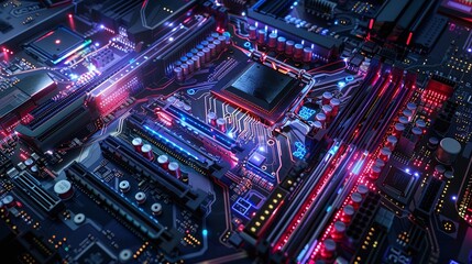 Obraz premium Glowing Futuristic Computer Circuit Board with Neon Lights and Technology Patterns Abstract technological background with digital data and electronic engineering design elements