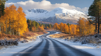 Winding road through snowy autumn landscape with golden trees and snow-capped mountains under blue sky
