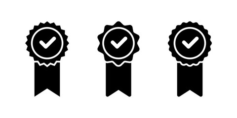 Medal ribbon with check mark icon. Rosette badge with checkmark sign symbol
