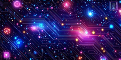 Obraz premium Neon Circuit Board Design Glowing Lines And Nodes Illuminate A Futuristic Techno Background