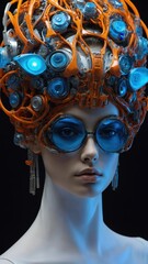 Obraz premium Futuristic Cybernetic Headgear with Neon Blue and Orange Design on a Female Model