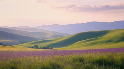 Fototapeta premium Rolling green hills and lavender field under soft morning light and pastel sky with distant mountains