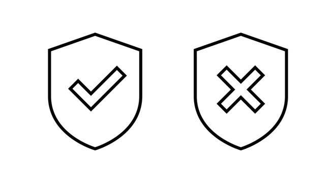 Check mark and x cross with shield outline icon. Editable stroke
