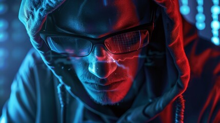 Mysterious hooded figure with intense moody lighting and futuristic digital atmosphere  Concept of cyber security hacking or shadowy clandestine activities